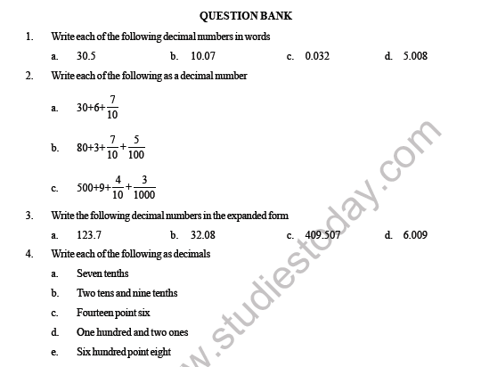 CBSE Class 6 Maths Decimals Question Bank